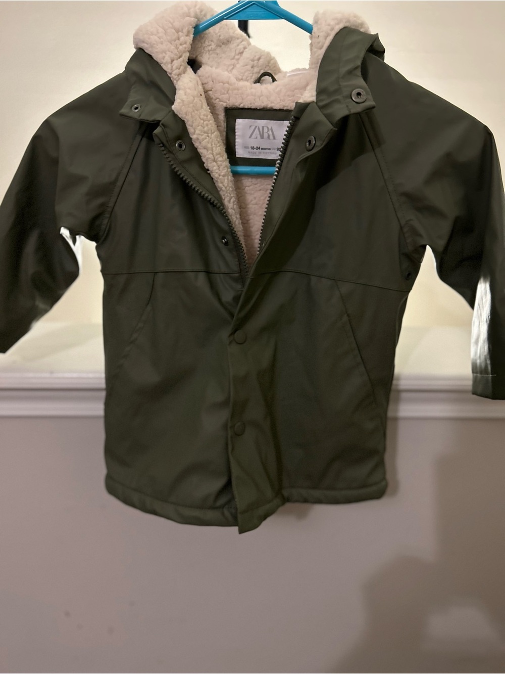 Zara Kids Olive Green Raincoat with Cream Sherpa Lining